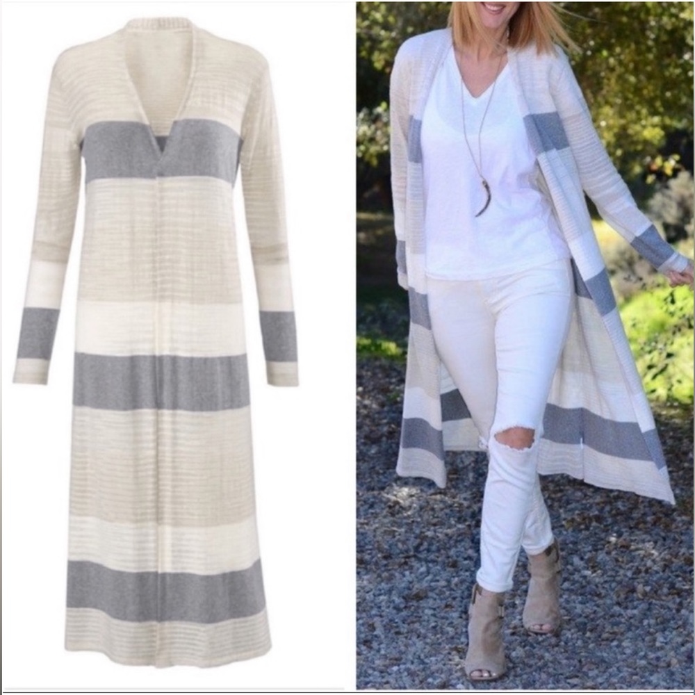 Cabi Long Striped Cardigan Gray, Cream, White - Picture 2 of 3
